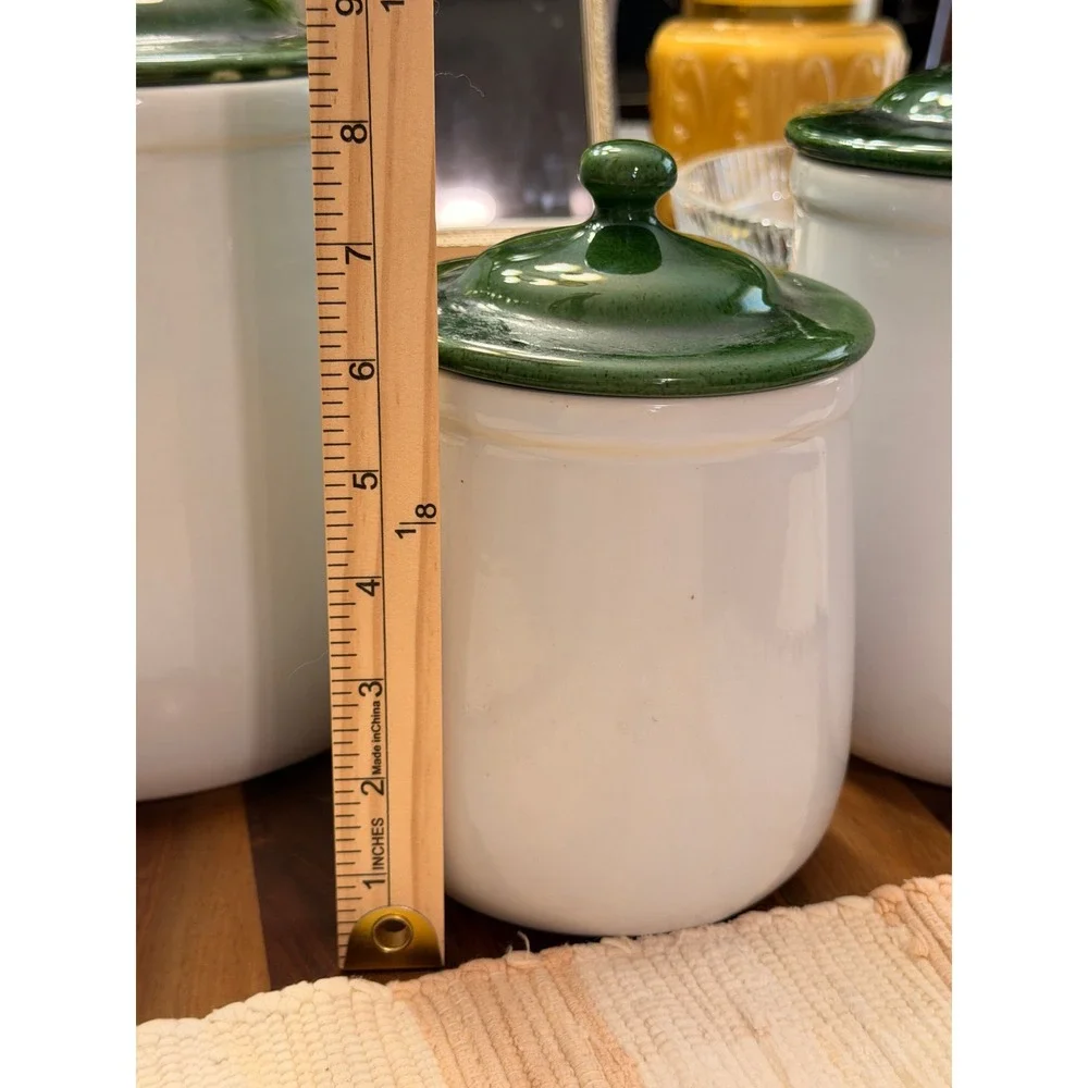 Vintage McCoy USA Ceramic Canister Set 3 Piece White Green Glaze 135 136 137